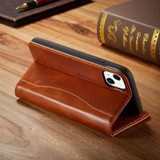 For iPhone 14 Case Fierre Shann Genuine Cowhide Leather Wallet Cover Brown | iCoverLover Australia