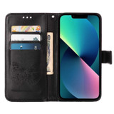 For iPhone 14 Plus Case, Embossed Floral Butterfly, PU Leather Wallet Cover, Lanyard, Stand, Black | iCoverLover Australia