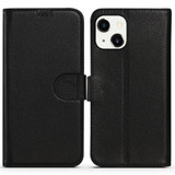 For iPhone 14 Case Fashion Cowhide Genuine Leather Wallet Cover Black | iCoverLover Australia