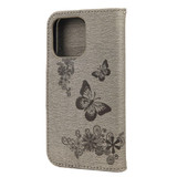 For iPhone 13 Case, Vintage Butterflies Pattern PU Leather Wallet Cover, Stand, Grey | iCoverLover Australia