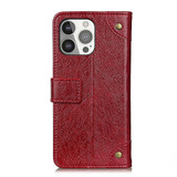 For iPhone 13 Pro Case, Retro PU Leather Wallet Cover, Copper Accents, Wine Red | iCoverLover Australia