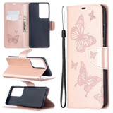 For Samsung Galaxy S21 Case Ultra Case Embossed Two Butterflies Folio PU Leather Cover, Wallet, Kickstand & Lanyard, Rose Gold | iCoverLover.com.au | Phone Cases