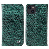 For iPhone 14 Plus Case Crocodile Pattern Genuine Cow Wallet Leather Cover Green