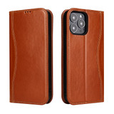 For iPhone 14 Pro Case Fierre Shann Genuine Cowhide Leather Wallet Cover Brown