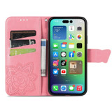 For iPhone 15 Pro Max, 15 Pro, 15 Plus & 15 Case, Butterfly & Floral Embossed PU Leather Wallet Cover, Pink | iCoverLover Australia