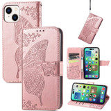 For iPhone 15 Pro Max, 15 Pro, 15 Plus & 15 Case, Butterfly & Floral Embossed PU Leather Wallet Cover, Rose Gold | iCoverLover Australia