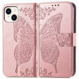 For iPhone 15 Pro Max, 15 Pro, 15 Plus & 15 Case, Butterfly & Floral Embossed PU Leather Wallet Cover, Rose Gold | iCoverLover Australia