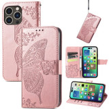 For iPhone 15 Pro Case, Butterfly & Floral Embossed PU Leather Wallet Cover, Rose Gold | iCoverLover Australia