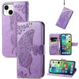 For iPhone 15 Plus Case, Butterfly & Floral Embossed PU Leather Wallet Cover, Light Purple | iCoverLover Australia
