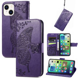 For iPhone 15 Plus Case, Butterfly & Floral Embossed PU Leather Wallet Cover, Dark Purple | iCoverLover Australia