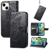 For iPhone 15 Plus Case, Butterfly & Floral Embossed PU Leather Wallet Cover, Black | iCoverLover Australia