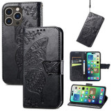 For iPhone 15 Pro Case, Butterfly & Floral Embossed PU Leather Wallet Cover, Black | iCoverLover Australia