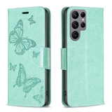 For Samsung Galaxy S24 Ultra Case - Embossed Butterflies, Folio Wallet PU Leather Cover, Stand, Green | iCoverLover.com.au
