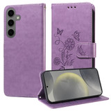 For Samsung Galaxy S25 PU Leather Case - Embossed Butterfly & Flower Design, Card Holder & Stand, Purple | iCoverLover.com.au