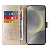 For Samsung Galaxy S25 PU Leather Case - Embossed Butterfly & Flower Design, Card Holder & Stand, Gold | iCoverLover.com.au