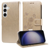 For Samsung Galaxy S25+ PU Leather Case - Embossed Butterfly & Flower Design, Card Holder & Stand, Gold | iCoverLover.com.au
