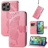 For iPhone 15 Pro Max Case, Butterfly & Floral Embossed PU Leather Wallet Cover, Pink | iCoverLover Australia