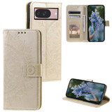 For Google Pixel 10 Pro Artisan Wallet Case, Embossed Floral PU Leather with Secure Lanyard & Stand, Gold | iCoverLover.com.au