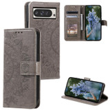 For Google Pixel 10 Pro XL Artisan Wallet Case, Embossed Floral PU Leather with Secure Lanyard & Stand, Grey | iCoverLover.com.au