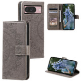 For Google Pixel 10 Artisan Wallet Case, Embossed Floral PU Leather with Secure Lanyard & Stand, Grey | iCoverLover.com.au