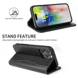 For iPhone 16 Pro Case, Fierre Shann Genuine Cowhide Leather Wallet Cover, Black | iCoverLover Australia