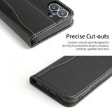 For iPhone 16 Plus Case, Fierre Shann Genuine Cowhide Leather Wallet Cover, Black | iCoverLover Australia