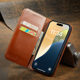 For iPhone 16 Plus Case, Fierre Shann Genuine Cowhide Leather Wallet Cover, Brown | iCoverLover Australia