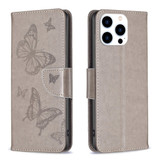 For iPhone 16 Pro Case, Butterfly Emboss Folio PU Leather Wallet Cover, Grey | iCoverLover Australia