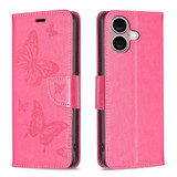 For iPhone 16 Case, Butterfly Emboss Folio PU Leather Wallet Cover, Rose Red | iCoverLover Australia