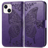 For iPhone 15 Case, Butterfly & Floral Embossed PU Leather Wallet Cover, Dark Purple | iCoverLover Australia