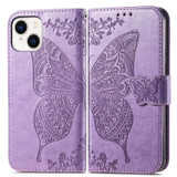 For iPhone 15 Plus Case, Butterfly & Floral Embossed PU Leather Wallet Cover, Light Purple | iCoverLover Australia
