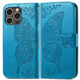 For iPhone 15 Pro Max Case, Butterfly & Floral Embossed PU Leather Wallet Cover, Blue | iCoverLover Australia