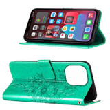 For iPhone 14 Pro Case, Embossed Floral Butterfly, PU Leather Wallet Cover, Lanyard, Stand, Green | iCoverLover Australia