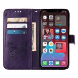 For iPhone 14 Pro Case, Embossed Floral Butterfly, PU Leather Wallet Cover, Lanyard, Stand, Dark Purple | iCoverLover Australia