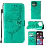 For iPhone 14 Pro Max Case, Embossed Floral Butterfly, PU Leather Wallet Cover, Lanyard, Stand, Green | iCoverLover Australia