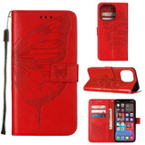 For iPhone 14 Pro Max Case, Embossed Floral Butterfly, PU Leather Wallet Cover, Lanyard, Stand, Red | iCoverLover Australia