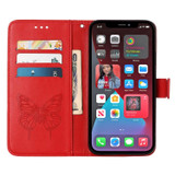 For iPhone 14 Pro Max Case, Embossed Floral Butterfly, PU Leather Wallet Cover, Lanyard, Stand, Red | iCoverLover Australia