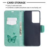 For Samsung Galaxy S21 Case Ultra Case Butterflies Emboss Folio PU Leather Cover, Wallet, Kickstand & Lanyard, Green | iCoverLover Australia