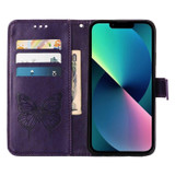 For iPhone 14 Case, Embossed Floral Butterfly, PU Leather Wallet Cover, Lanyard, Stand, Dark Purple | iCoverLover Australia