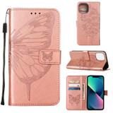 For iPhone 14 Plus Case, Embossed Floral Butterfly, PU Leather Wallet Cover, Lanyard, Stand, Rose Gold | iCoverLover Australia
