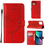 For iPhone 14 Plus Case, Embossed Floral Butterfly, PU Leather Wallet Cover, Lanyard, Stand, Red | iCoverLover Australia