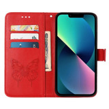 For iPhone 14 Plus Case, Embossed Floral Butterfly, PU Leather Wallet Cover, Lanyard, Stand, Red | iCoverLover Australia