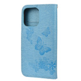 For iPhone 13 Pro Case, Vintage Butterflies Pattern PU Leather Wallet Cover, Stand, Blue | iCoverLover Australia