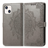 For iPhone 13 Case, Mandala Emboss PU Leather Wallet Cover, Stand, Lanyard, Grey | iCoverLover Australia