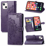 For iPhone 13 Case, Mandala Emboss PU Leather Wallet Cover, Stand, Lanyard, Purple | iCoverLover Australia