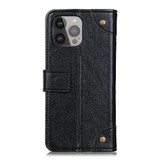For iPhone 13 Pro Max Case, Retro PU Leather Wallet Cover, Copper Accents, Black | iCoverLover Australia