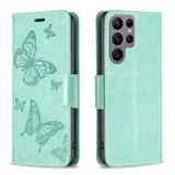 For Samsung Galaxy S24 Ultra Case - Embossed Butterflies, Folio Wallet PU Leather Cover, Stand, Green | iCoverLover Australia