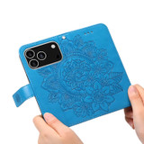 For iPhone 18 Pro Wallet Case - Protective Embossed Floral PU Leather Cover, Blue | iCoverLover Australia