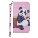 iPhone XR Case Panda Patterned Colored Drawing Horizontal Flip Leather Cover with Card Slots, Kickstand and Lanyard | Leather Apple iPhone XR Covers | Leather Apple iPhone XR Cases | iCoverLover