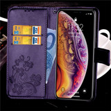 iPhone XS Max Case Purple Embossed PU Leather & TPU Wallet-style Cover with 2 Card Slots, Built-in Kickstand, and Magnetic Flap Closure | Leather Apple iPhone XS Max Covers | Leather Apple iPhone XS Max Cases | iCoverLover